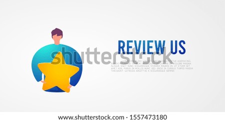 Feedback from customer. Rating five stars, man hold star. Positive review, flat vector isolated illustration