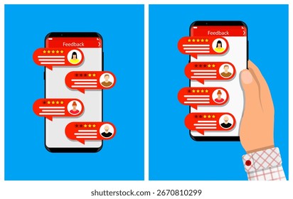 Comentários dados de revisão do cliente com estrelas de classificação e avatares de perfil na tela do smartphone. Conceito para pesquisa e serviço online.