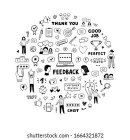 Feedback and customer review hand drawn symbols. Vector icon set with different business and communication elements