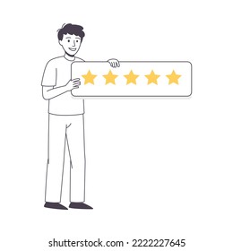 Feedback and Customer Review with Man Character Holding Banner with Star Rating Service Vector Illustration