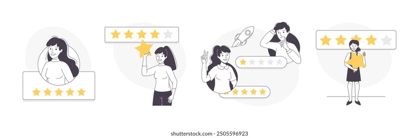 Feedback and Customer Review with People Character with Star Rating Service Vector Set