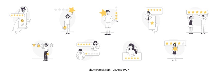 Feedback and Customer Review with People Character with Star Rating Service Vector Set