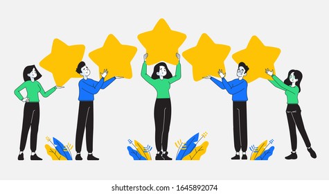 Opinión, revisión del cliente y concepto de calificación. Jóvenes y felices sosteniendo estrellas de retroalimentación sobre sus cabezas, ilustración vectorial