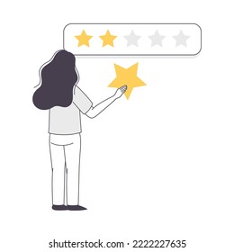 Feedback and Customer Review with Woman Character Holding Star Rating Service Vector Illustration