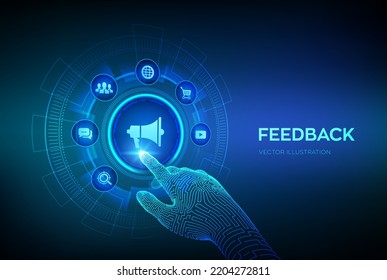 Feedback. Customer satisfaction concept on virtual screen. Quality Opinion. Rating service online. Review testimonials. Robotic hand touching digital interface. Vector illustration.