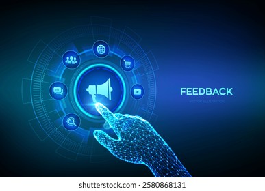 Feedback. Customer satisfaction concept on virtual screen. Quality Opinion. Rating service online. Review testimonials. Robotic hand touching digital interface. Vector illustration.