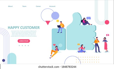 Feedback and customer satisfaction concept. Vector of happy clients giving thumb up review on social media platforms, mobile gadgets 