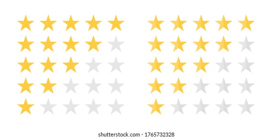 Feedback, Customer Satisfaction And Review Concept. Five Star Rating. Golden And Grey Stars, Rating Scale For Survey, Mark Quality, Customer Feedback And Satisfaction. Vector