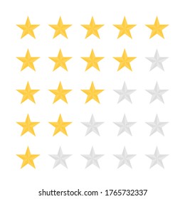 Feedback, Customer Satisfaction And Review Concept. Five Star Rating. Golden And Grey Stars, Rating Scale For Survey, Mark Quality, Customer Feedback And Satisfaction. Vector