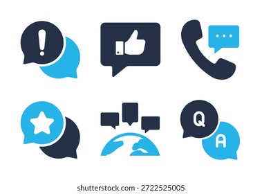 Conjunto de iconos de Comentarios y Servicio al cliente. Iconos de la serie de glifos sólidos