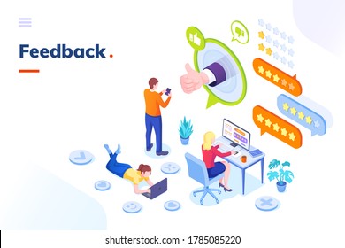 Feedback and customer survey, review and opinion, vector isometric concept. Customer feedback review online service, client thumb up satisfaction and business evaluation rating stars, customer support