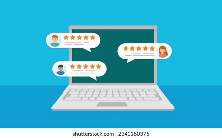 Feedback customers with rate. Laptop with user reviews and star rating.