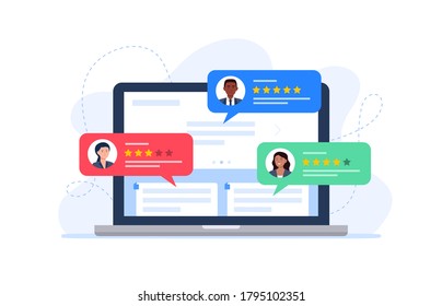 Feedback customers review on a laptop monitor. People evaluating product, service. Website rating feedback concept. Trendy vector flat illustration.