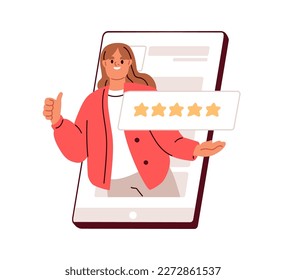 Feedback, customers review, positive user experience concept. 5 stars rating of mobile app, online service satisfaction. Happy client in internet. Flat vector illustration isolated on white background