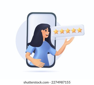 Feedback, customers review, positive user experience 3D cartoon modern concept. Five stars rating of mobile app, online service satisfaction 3D. Happy client in internet. 3D render vector illustration