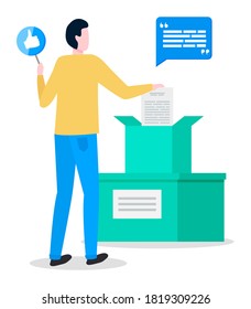Feedback of customers or users to author, young man with like sign, social network, boxes with post, postal letters, analysing consumer demands, dialogue bubble, comments of audience, parcels