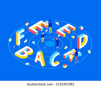 Feedback design concept. Feedback 3d word lettering typography with isometric people and laptops. Flat 3d isometric style. Isometric design for business banner. Vector illustration.
