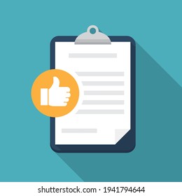 Feedback document with thumb up in a flat design with long shadow
