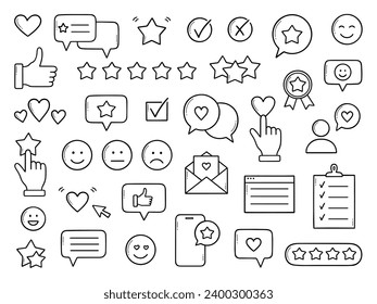 Feedback doodle set. Quick Response, rating, review, testimonials, support service, emotion symbols in sketch style. Hand drawn vector illustration isolated on white background