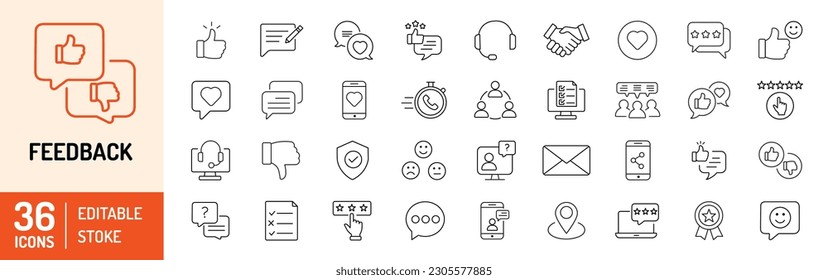 Feedback  editable stroke outline icons set . Feedback, rating, quick response, like, chat, customer, satisfaction and testimonials icons. Vector illustrations