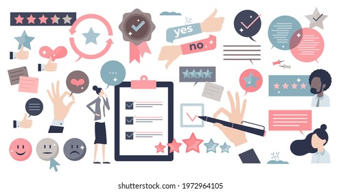 Feedback elements and customer satisfaction rating tiny person collection set. Client opinion and comment about product or service quality vector illustration. Items about experience review analysis.