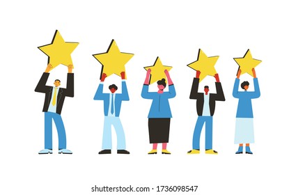 Feedback elements. People holding stars in their hands set isolated on white background. Service rating. Satisfaction level. Consumer product review. Vector flat illustration.
