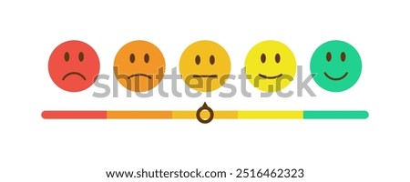 Feedback emoji design. Customer satisfaction rating scale using emoticons - very bad, bad, normal, almost good, good. Five-level approval rating with smile. Vector illustration.