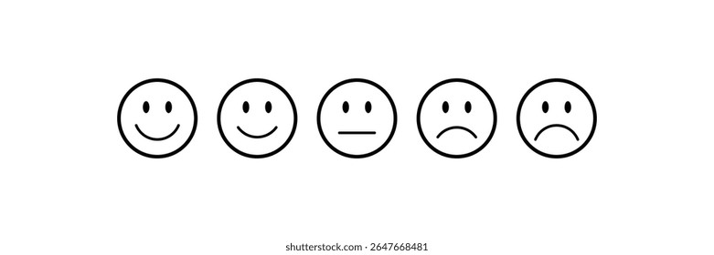 Ícone de emoji de comentários na cor preta. Ícone de comentários do cliente. Emoji de classificação definido com indicador ruim, ruim, médio, bom e excelente. Revisão do consumidor. Ilustração vetorial.
