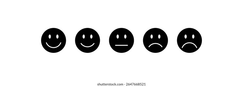 Ícone de emoji de comentários na cor preta. Ícone de comentários do cliente. Emoji de classificação definido com indicador ruim, ruim, médio, bom e excelente. Revisão do consumidor. Ilustração vetorial.