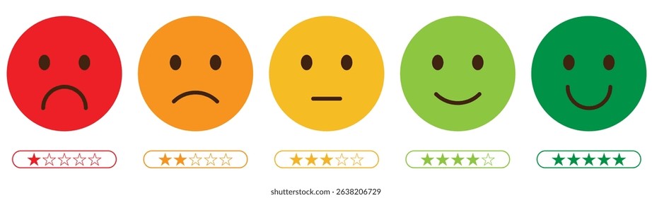 feedback emoji icon in different colour with progress bar, happy to sad emotions icons, customer feedback icon. review with star bar and dot bar. vector, symbol, icon	