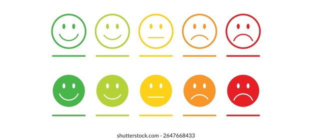 Ícone de emoji de comentários em cores diferentes com a barra de progresso. Ícone de comentários do cliente. Emoji de classificação definido com indicador ruim, ruim, médio, bom e excelente. Revisão do consumidor. Ilustração vetorial.
