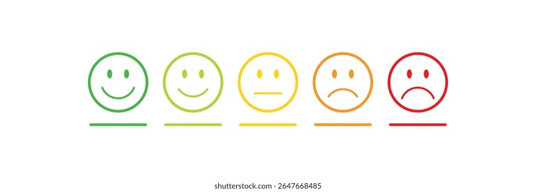 Ícone de emoji de comentários em cores diferentes com a barra de progresso. Ícone de comentários do cliente. Emoji de classificação definido com indicador ruim, ruim, médio, bom e excelente. Revisão do consumidor. Ilustração vetorial.