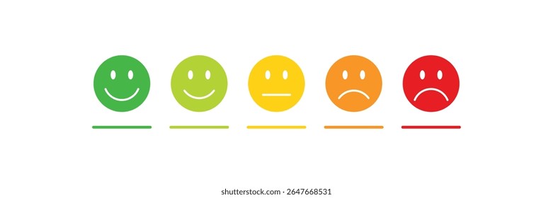 Ícone de emoji de comentários em cores diferentes com a barra de progresso. Ícone de comentários do cliente. Emoji de classificação definido com indicador ruim, ruim, médio, bom e excelente. Revisão do consumidor. Ilustração vetorial.