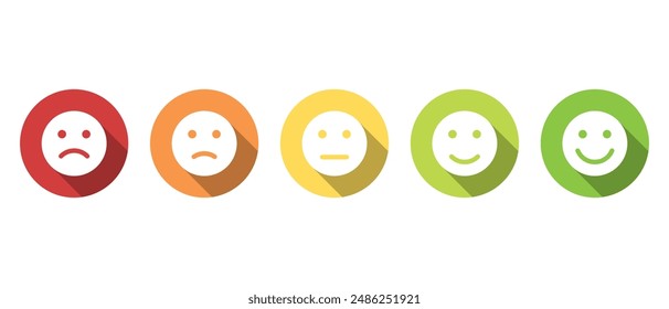 Feedback emoji icon with long shadow. Five facial level review concept