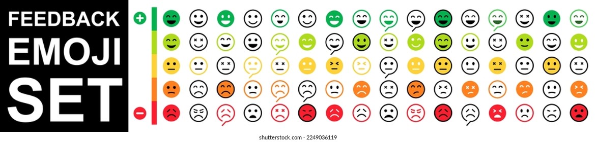 Feedback emoji icon set. Bad and Good Review. Happy and Sad reaction. Five facial expression of feedback icon. Rating satisfaction. Emojis flat style. Vector illustration