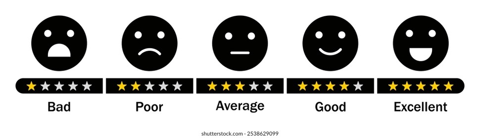 Feedback emoji icon set in black color. Five facial expression of feedback emoji. Rating emoji emotion levels. Vector illustration.
