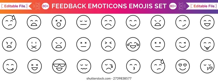Feedback emoji icon set in different moods. Review smiley face collection. Service rating emoticon vector illustration. Bad, poor, average, good and excellent feedback marking. Face emoji symbols.