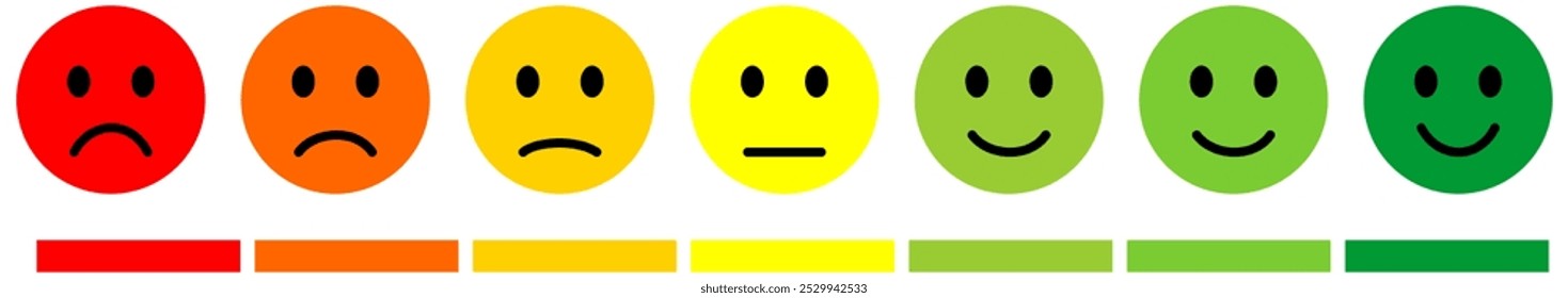 Feedback Emoji Icons Vektor. gute und schlechte Emoticon-Zeichen - Happy and Sad Reaktion. 5 Farbgesichter, Smiley-Rating-Icon-Set , glücklich, neutral, traurig, emojis. Vektorgrafik.