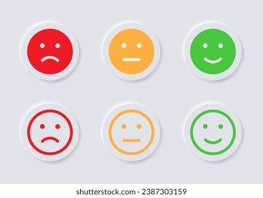 Feedback emoji slider or emoticon level scale for rating emojis happy smile neutral sad angry emotions. three facial expression emojis. neumorphic style. neumorphism buttons