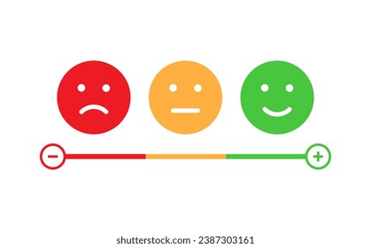 Feedback emoji slider or emoticon level scale for rating emojis happy smile neutral sad angry emotions. three facial expression emojis