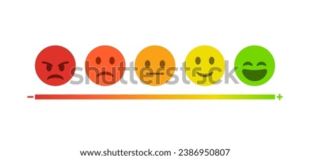 Feedback emoji slider or emoticon level scale for rating emojis happy smile neutral sad angry emotions. five facial expression emojis