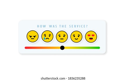 Feedback emoji slider. Reviews or rating scale with emoji representing different emotions. Level of satisfaction rating. Vector EPS 10. Isolated on white background