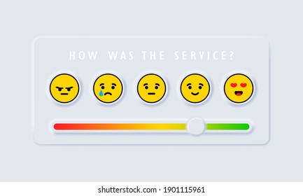 Feedback emoji slider. Reviews or rating scale with emoji representing different emotions. Level of satisfaction rating. Vector EPS 10. Isolated on white background