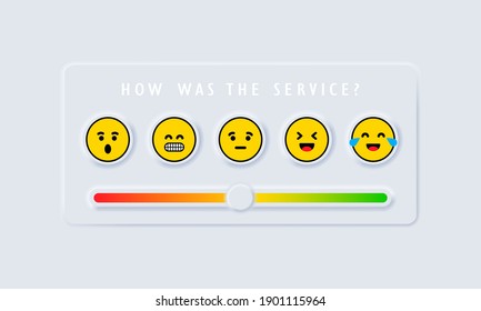 Feedback emoji slider. Reviews or rating scale with emoji representing different emotions. Level of satisfaction rating. Vector EPS 10. Isolated on white background