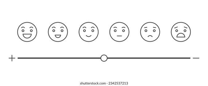 Feedback emoji slider, Reviews or rating scale with emoji representing different emotions, Level of satisfaction rating for service