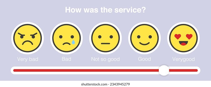 Feedback emoji slider, Reviews or rating scale with emoji representing different emotions, Level of satisfaction rating for service