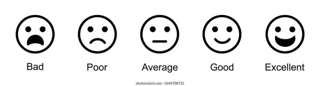 Ícones emojis de feedback, satisfação do cliente, emojis de classificação definidos em cores diferentes, ícone de classificação Smiley definir ilustração vetorial, níveis de emoção em escala ícones de faces diferentes, ícone plano conjunto de classificação.