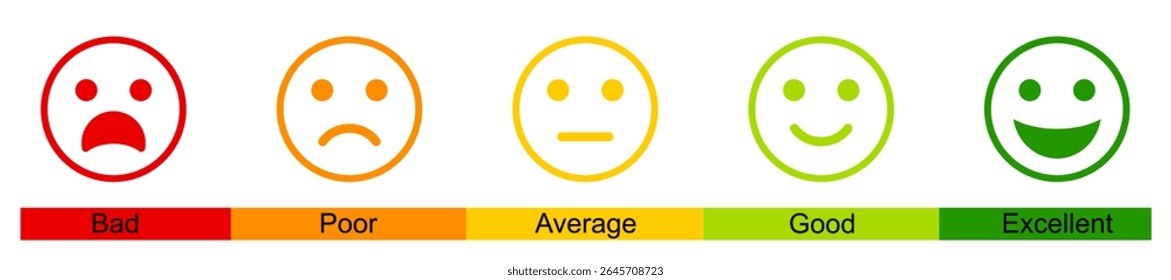 Ícones emojis de feedback, satisfação do cliente, emojis de classificação definidos em cores diferentes, ícone de classificação Smiley definir ilustração vetorial, níveis de emoção em escala ícones de faces diferentes, ícone plano conjunto de classificação.