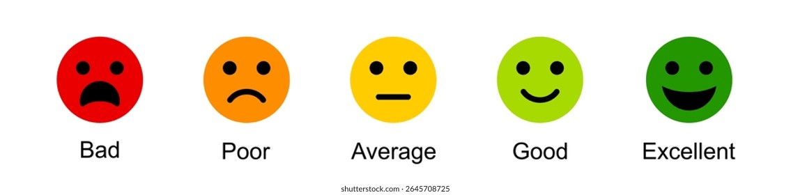 Ícones emojis de feedback, satisfação do cliente, emojis de classificação definidos em cores diferentes, ícone de classificação Smiley definir ilustração vetorial, níveis de emoção em escala ícones de faces diferentes, ícone plano conjunto de classificação.
