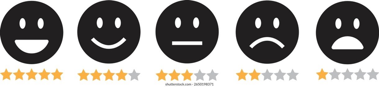 Emoticon de feedback ícone plano preto definido. Emoji muito feliz, feliz, neutro, triste e muito triste. Face de classificação com estrelas indicador de feedback de bom a mau cliente para pesquisa, revisão, experiência, satisfação.